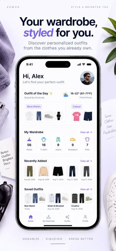 Komod home screen with personalized outfit suggestions