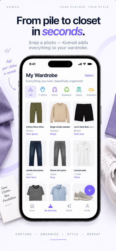 Komod wardrobe screen with organized clothing items