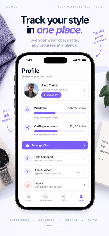 Komod profile screen with usage and plan details